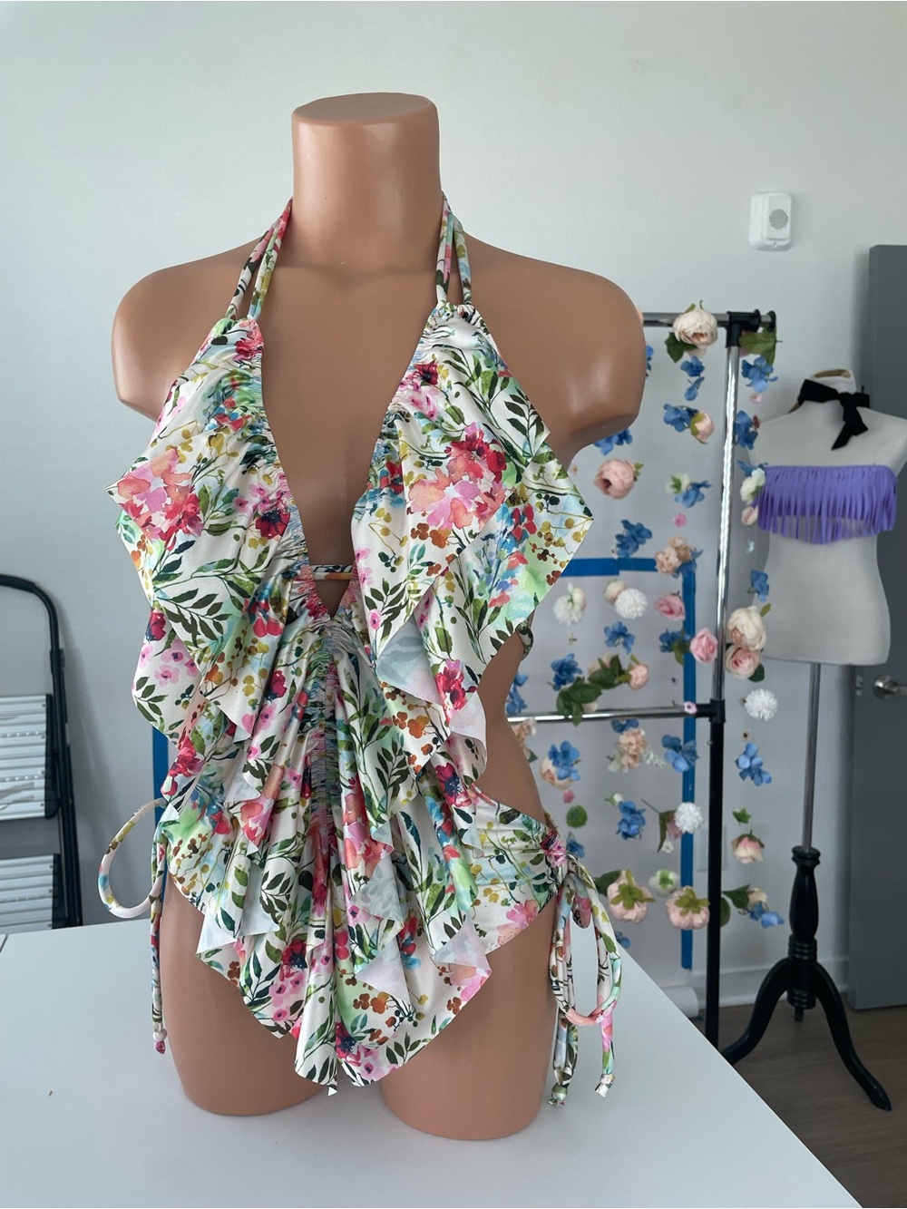Ruffled Floral Halter One-Piece Swimsuit - Pink & Green - Picture 12 of 17